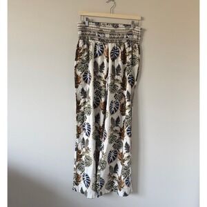 Dahui Hawaii Tropical Monstera Leaf Print Smocked Waist Wide Leg Linen Pants XL